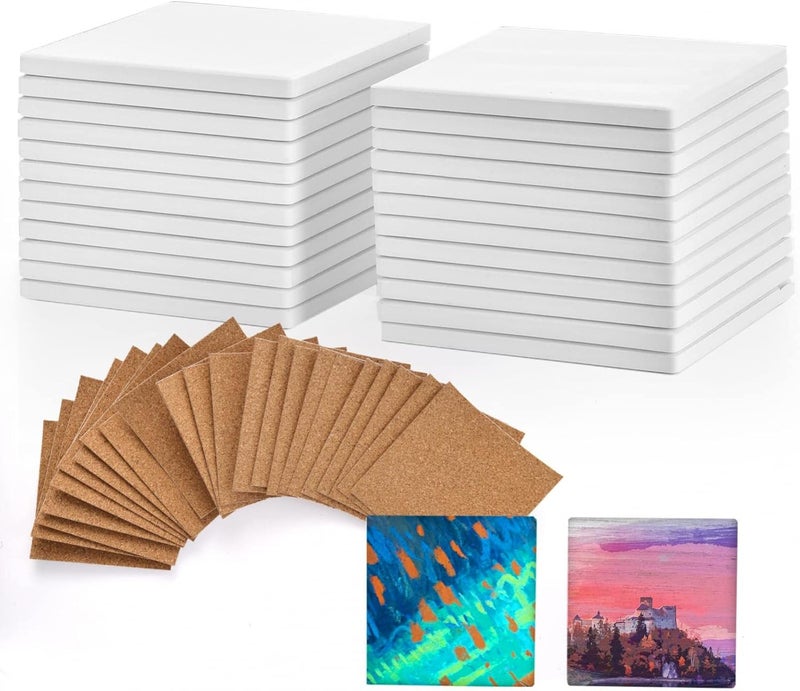COYMOS 24 Pcs Ceramic Tiles for Crafts Ceramic Coasters for Crafts Blank White Unglazed Ceramic Tile for Painting, Alcohol Ink, Acrylic Pouring - DIY Coaster - Cork Backing Pads Included (4x4 inch) - Image 1