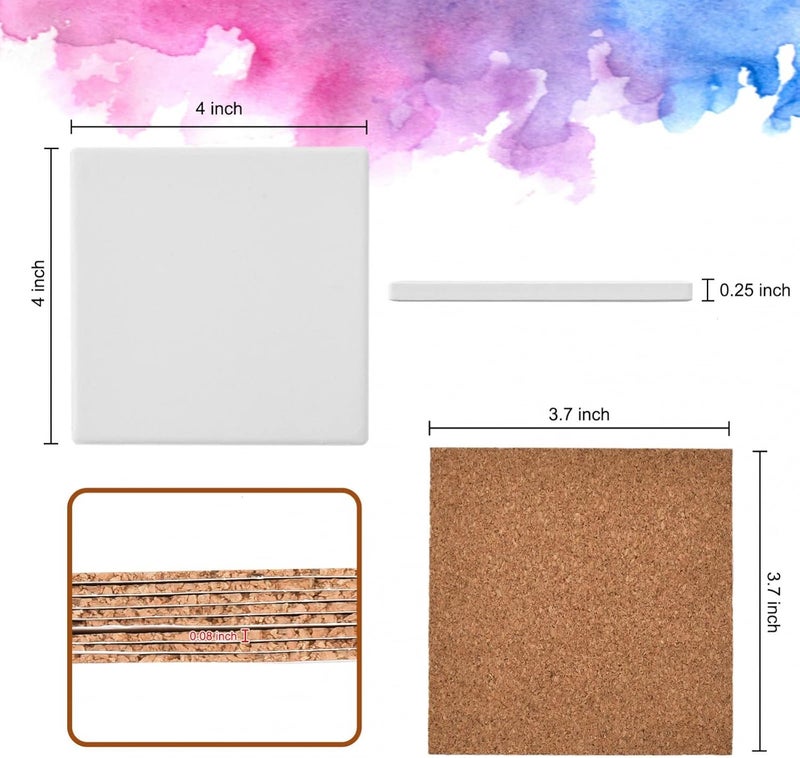 COYMOS 24 Pcs Ceramic Tiles for Crafts Ceramic Coasters for Crafts Blank White Unglazed Ceramic Tile for Painting, Alcohol Ink, Acrylic Pouring - DIY Coaster - Cork Backing Pads Included (4x4 inch) - Image 3