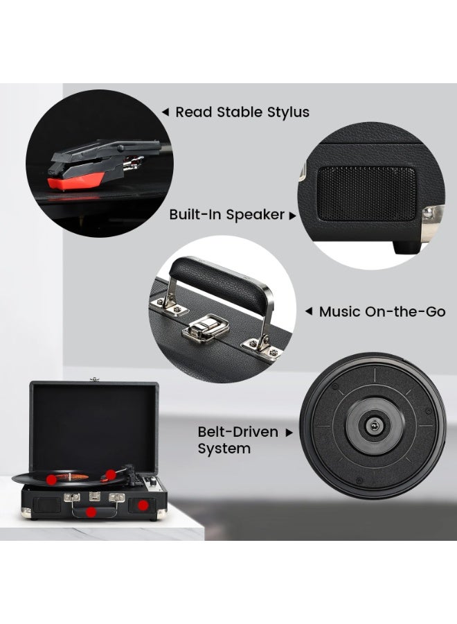 Jubilin Vinyl Record Player Portable Suitcase Turntable Bluetooth USB Recording 3-Speed Built-in Speakers Belt-Driven LP Player Support AUX-in RCA Line Out Headphone Jack Audio Black - Image 3