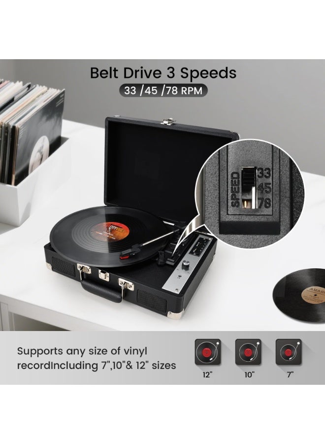 Jubilin Vinyl Record Player Portable Suitcase Turntable Bluetooth USB Recording 3-Speed Built-in Speakers Belt-Driven LP Player Support AUX-in RCA Line Out Headphone Jack Audio Black - Image 2