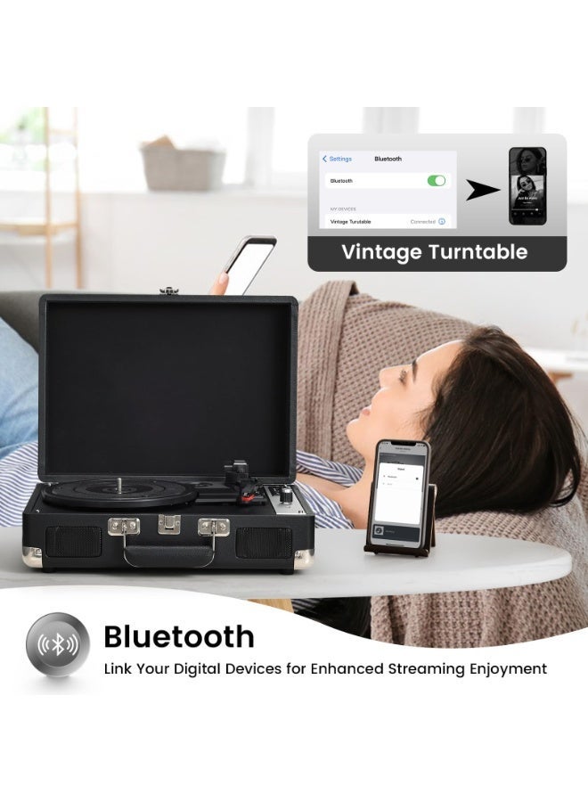 Jubilin Vinyl Record Player Portable Suitcase Turntable Bluetooth USB Recording 3-Speed Built-in Speakers Belt-Driven LP Player Support AUX-in RCA Line Out Headphone Jack Audio Black - Image 5
