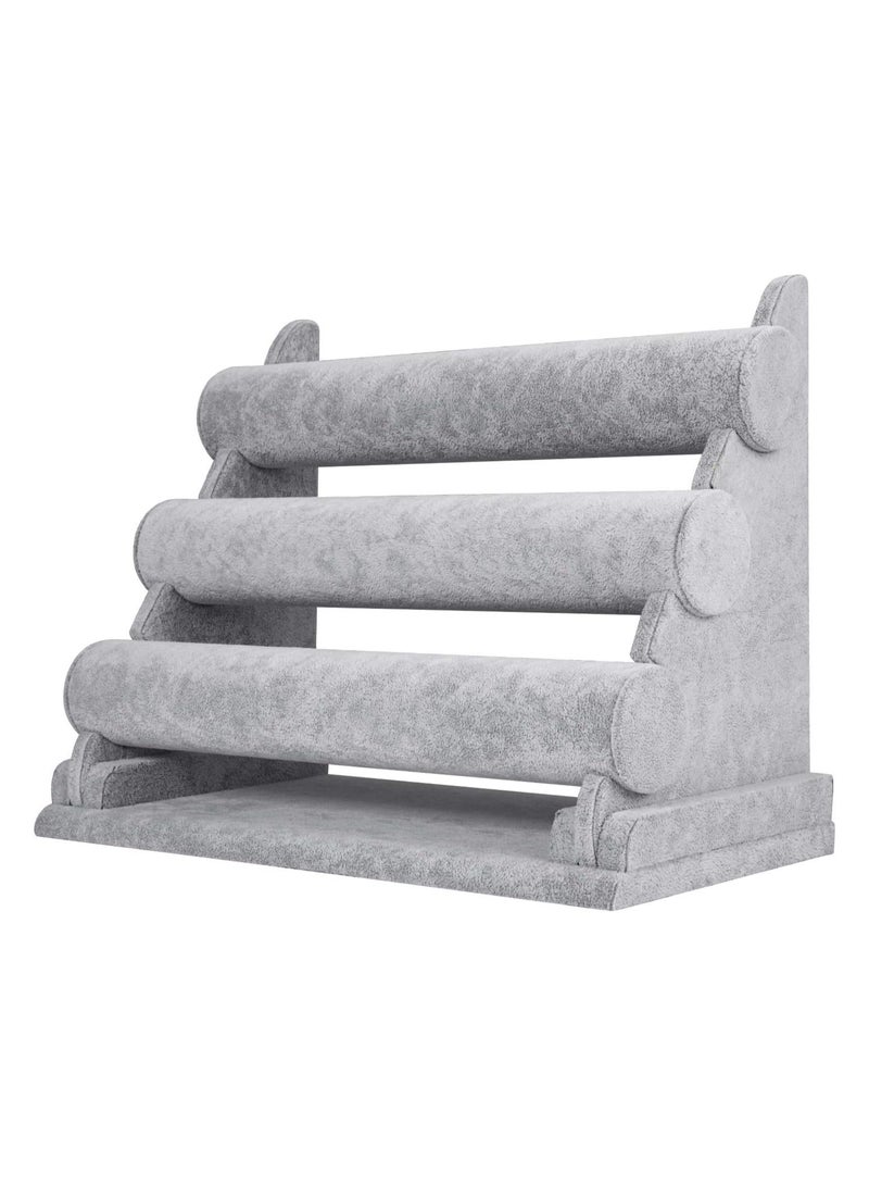 3 Tiers Bracelet Holder Grey Velvet Jewelry Organizer Stand and Display for Watch Organization - Image 1