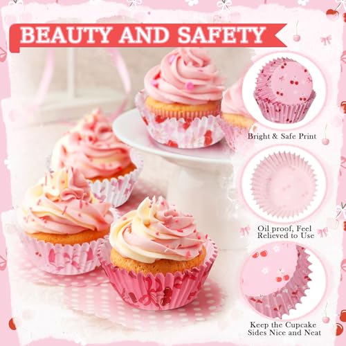 Reallnaive 300 Pcs Cupcake Liners Pink Bow Baking Cups Paper Bowknot Cupcake Muffin Wrappers Preppy Holders for Wedding Supplies Party Birthday Women Bridal Bachelorette Baby Shower(Pink,Cherry) - Image 3