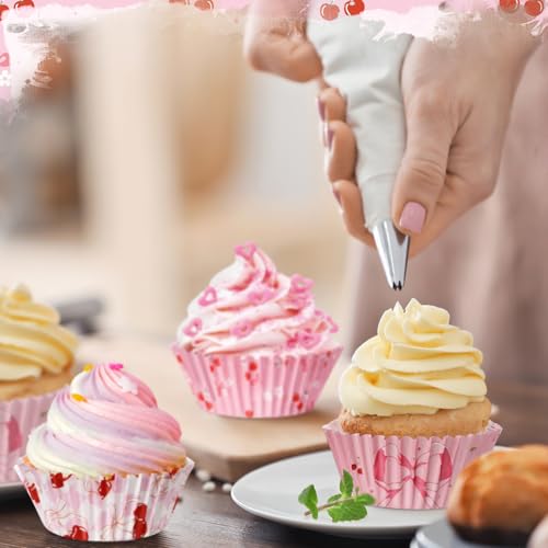 Reallnaive 300 Pcs Cupcake Liners Pink Bow Baking Cups Paper Bowknot Cupcake Muffin Wrappers Preppy Holders for Wedding Supplies Party Birthday Women Bridal Bachelorette Baby Shower(Pink,Cherry) - Image 5