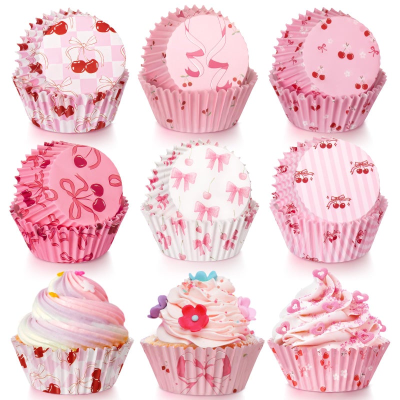 Reallnaive 300 Pcs Cupcake Liners Pink Bow Baking Cups Paper Bowknot Cupcake Muffin Wrappers Preppy Holders for Wedding Supplies Party Birthday Women Bridal Bachelorette Baby Shower(Pink,Cherry) - Image 4