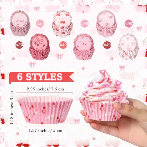 Reallnaive 300 Pcs Cupcake Liners Pink Bow Baking Cups Paper Bowknot Cupcake Muffin Wrappers Preppy Holders for Wedding Supplies Party Birthday Women Bridal Bachelorette Baby Shower(Pink,Cherry) - Image 2