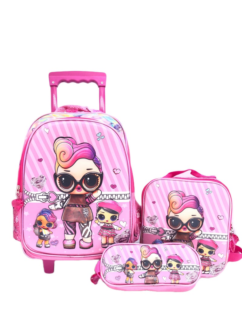 i-kola 3D EVA Premium Toddler backpack with Trolley which Includes Main Trolley L.O.L character 3D Bag, Lunch Bag, and pencil Case personalized trolley backpack For school Girls  (15 inch) - Image 1
