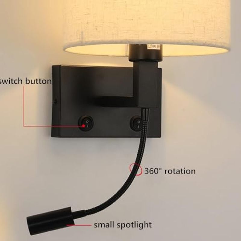 Gold Wall Sconce With Switch 360° Adjustable Fabric Shade Eye-Friendly LED Reading Light - Flexible Hardwired Bedside Wall Lamp With Push Button Control for Bedroom Living Room Hotel - Image 4