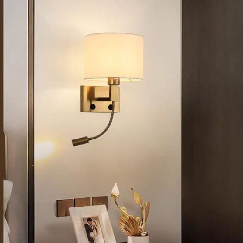 Gold Wall Sconce With Switch 360° Adjustable Fabric Shade Eye-Friendly LED Reading Light - Flexible Hardwired Bedside Wall Lamp With Push Button Control for Bedroom Living Room Hotel - Image 1