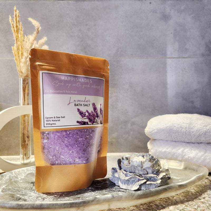 Happishades Bath Salt 200 grams Lavender For Body Foot Spa Calming Relaxing Muscle Aches Pain Relief Aromatherapy Pure Natural Epsom Sea Salt Lavender Pods Essential Oils - Image 1