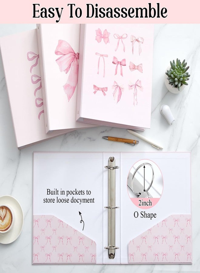 ReliThick 4 Pcs Letter Size Cute Bow 3 Ring Binder, 2 Inch Round Ring with Interior Pockets, Decorative Cute Binders, Clipboard Binder, Coquette School Supplies for School Office(Pink) - Image 3