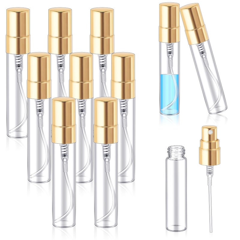 Zhehao 50 Pcs Mini Spray Bottles 5 ml Clear Glass Perfume Bottles Refillable Fine Mist Perfume Atomizer Portable Empty Sample Containers for Cleaning Essential Oils Travel Gold Cap - Image 2