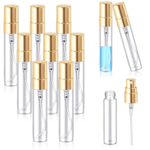 Zhehao 50 Pcs Mini Spray Bottles 5 ml Clear Glass Perfume Bottles Refillable Fine Mist Perfume Atomizer Portable Empty Sample Containers for Cleaning Essential Oils Travel Gold Cap - Image 1