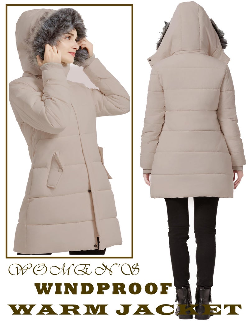 GGleaf Women's Winter Thicken Puffer Coat Warm Snow Jacket with Fur Removable Hood khaki X-Large - Image 5