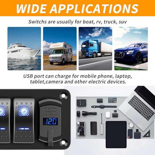RVZONE 4 Gang IP68 Waterproof Boat Rocker Switch Panel DC 12-24V LED Digital Voltmeter + Dual USB (QC 3.0 & Type-C) Fast Charging Pre-Wired Toggle Switch Panel for RV Car Marine Boat Truck (Blue) - Image 4