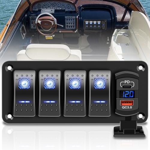 RVZONE 4 Gang IP68 Waterproof Boat Rocker Switch Panel DC 12-24V LED Digital Voltmeter + Dual USB (QC 3.0 & Type-C) Fast Charging Pre-Wired Toggle Switch Panel for RV Car Marine Boat Truck (Blue) - Image 1