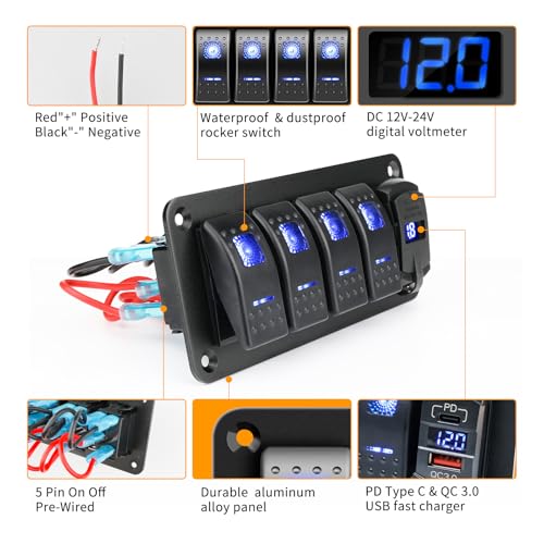 RVZONE 4 Gang IP68 Waterproof Boat Rocker Switch Panel DC 12-24V LED Digital Voltmeter + Dual USB (QC 3.0 & Type-C) Fast Charging Pre-Wired Toggle Switch Panel for RV Car Marine Boat Truck (Blue) - Image 2