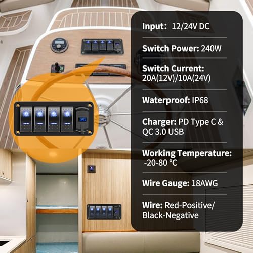 RVZONE 4 Gang IP68 Waterproof Boat Rocker Switch Panel DC 12-24V LED Digital Voltmeter + Dual USB (QC 3.0 & Type-C) Fast Charging Pre-Wired Toggle Switch Panel for RV Car Marine Boat Truck (Blue) - Image 5