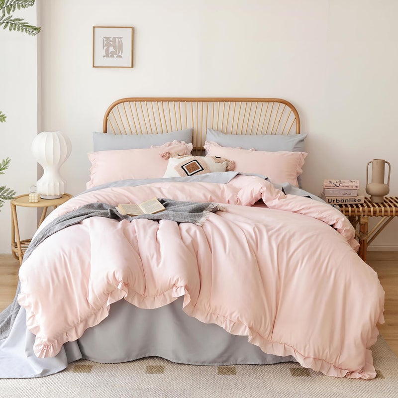 JANZAA Bedding Set, Blush Ruffle 3PCS (1 Comforter Set and 2 Pillow Covers) All Season, Shabby Chic, Vintage, Polyester, King, Soft - Image 1