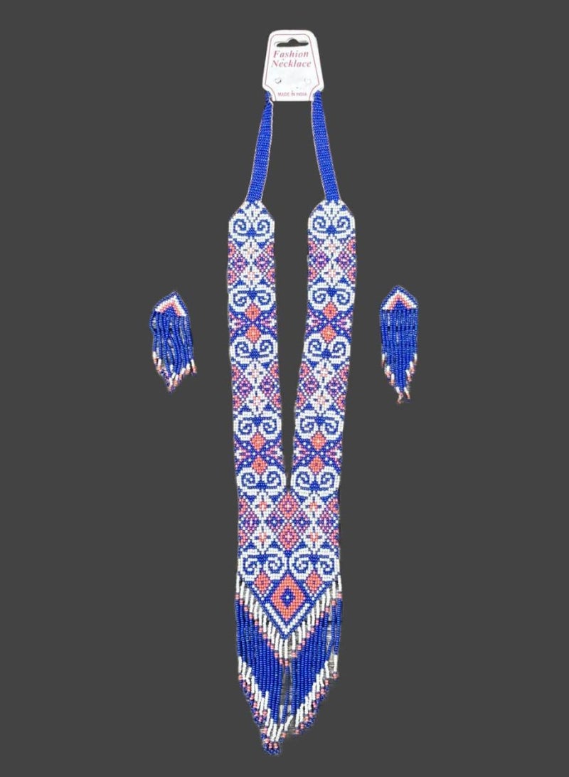 Handmade Indian Necklace & Earrings Set – Colorful Natural Beads + Tassels | Cotton Tie | 38 cm | 2025 Trend