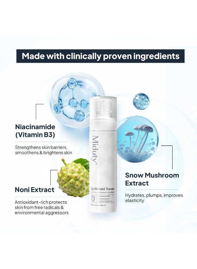Miduty EpiShield Face Toner I Niacinamide - Snow Mushroom - Noni Extract - for Oily- Acne Prone - Dry - Combination Skin | Hydrates - Unclogs pores & regulates sebum | Toner for Women & Men -100ml - Image 4