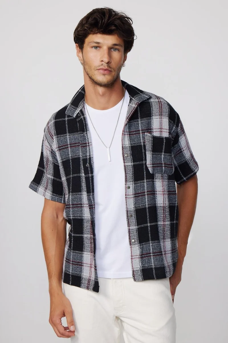تودورس Relax Fit Short Sleeve Studs Checked Honeycomb Knit Men's Shirt