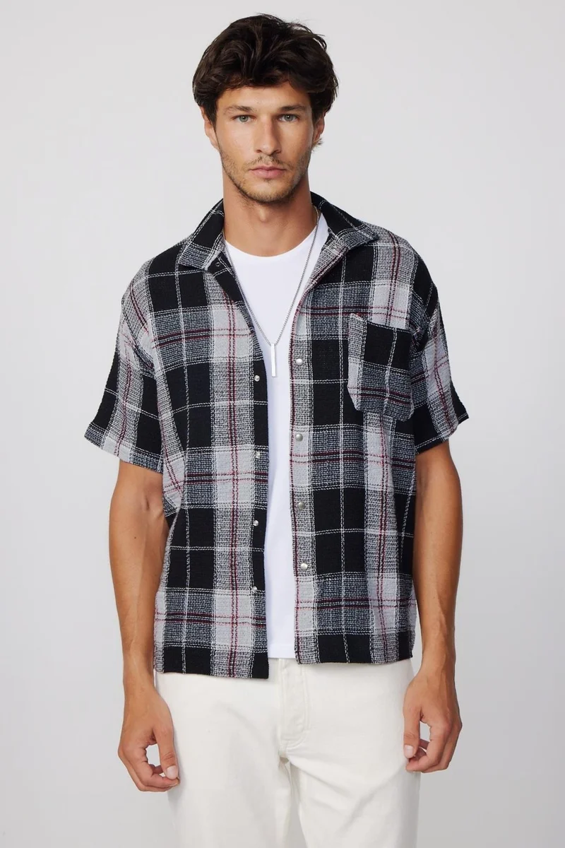 تودورس Relax Fit Short Sleeve Studs Checked Honeycomb Knit Men's Shirt