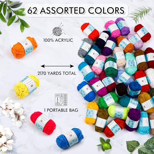 INSCRAFT 62 Acrylic Yarn Skeins, 2170 Yards, Perfect Crochet Beginner Kit for Adults - Image 4