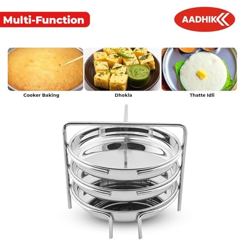 AADHIK Stainless Steel Dhokla Maker, Thatte Idli Maker, 3 Big Plates, 16 cm Plates Set With Stand, Fits in all Cookers, Dhokla Stand | Dhokla Plate Only | Thattu Idli Plate | Idli and Dhokla Maker | Khaman Dhokla Plate - Image 4