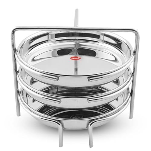AADHIK Stainless Steel Dhokla Maker, Thatte Idli Maker, 3 Big Plates, 16 cm Plates Set With Stand, Fits in all Cookers, Dhokla Stand | Dhokla Plate Only | Thattu Idli Plate | Idli and Dhokla Maker | Khaman Dhokla Plate - Image 1