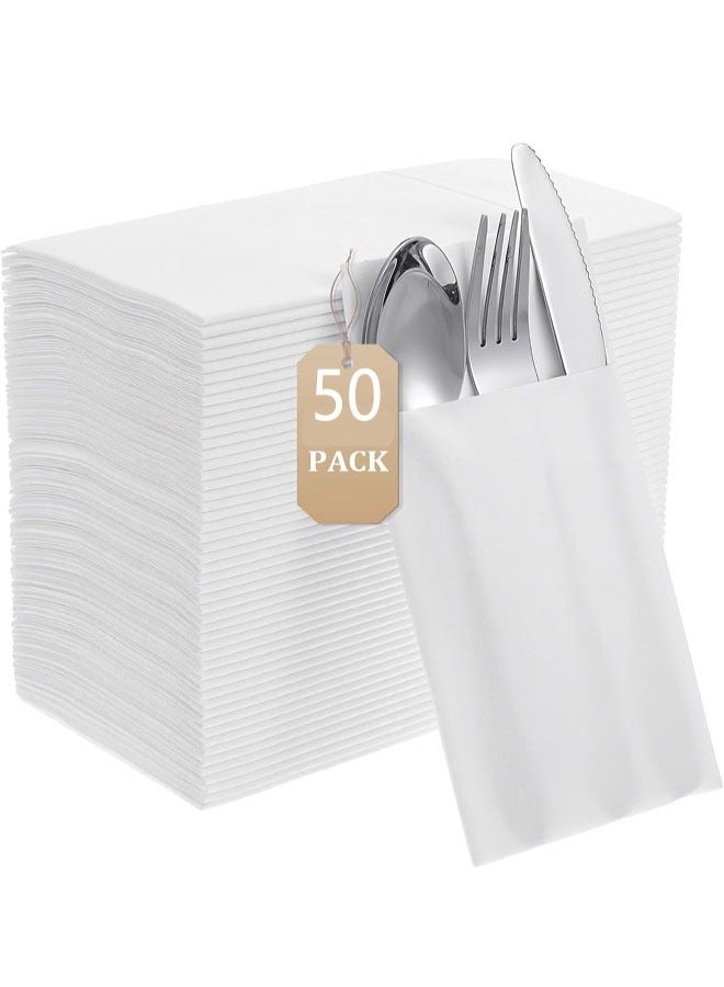Disposable Cloth Like Napkins, 50 Count Built-in Flatware Pocket, Prefolded for Silverware, White Linen Feel for Wedding Party u0026 Events,16 x 16 inches - Image 1