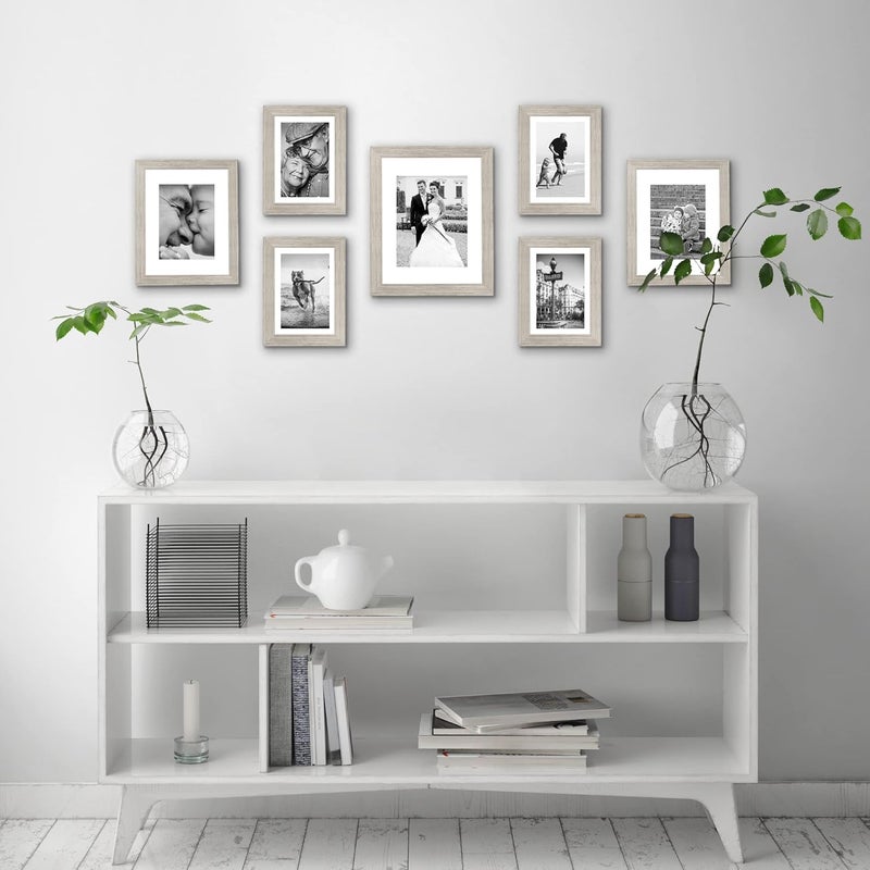 Americanflat 7 Piece Drift Wood Gallery Wall Picture Frame Set with Mats in 11x14, 8x10, and 5x7 - Composite Wood with Shatter Resistant Glass - Horizontal and Vertical Formats for Wall and Tabletop - Image 4