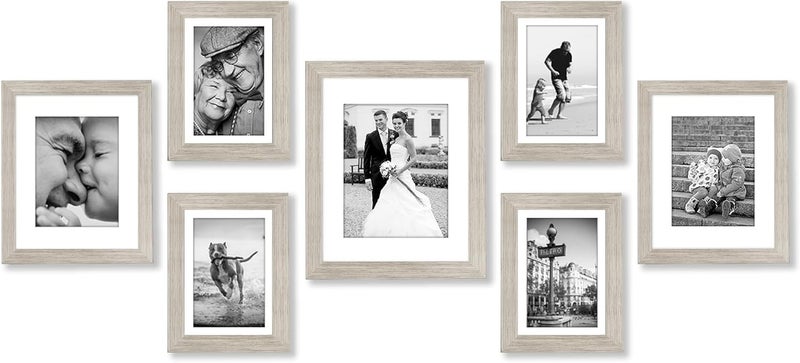Americanflat 7 Piece Drift Wood Gallery Wall Picture Frame Set with Mats in 11x14, 8x10, and 5x7 - Composite Wood with Shatter Resistant Glass - Horizontal and Vertical Formats for Wall and Tabletop - Image 1