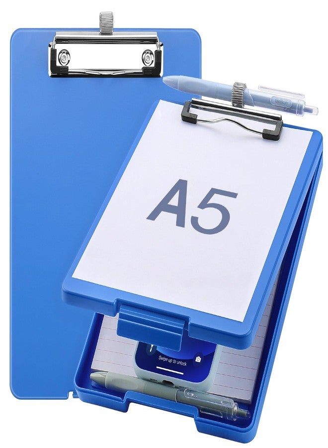 Meiikun Small Clipboard with Storage, A5 Clipboards with Pen Holder, Mini Plastic Clipboard with Low Profile Clip for Classroom, School, Office Supplies (Blue) - Image 1