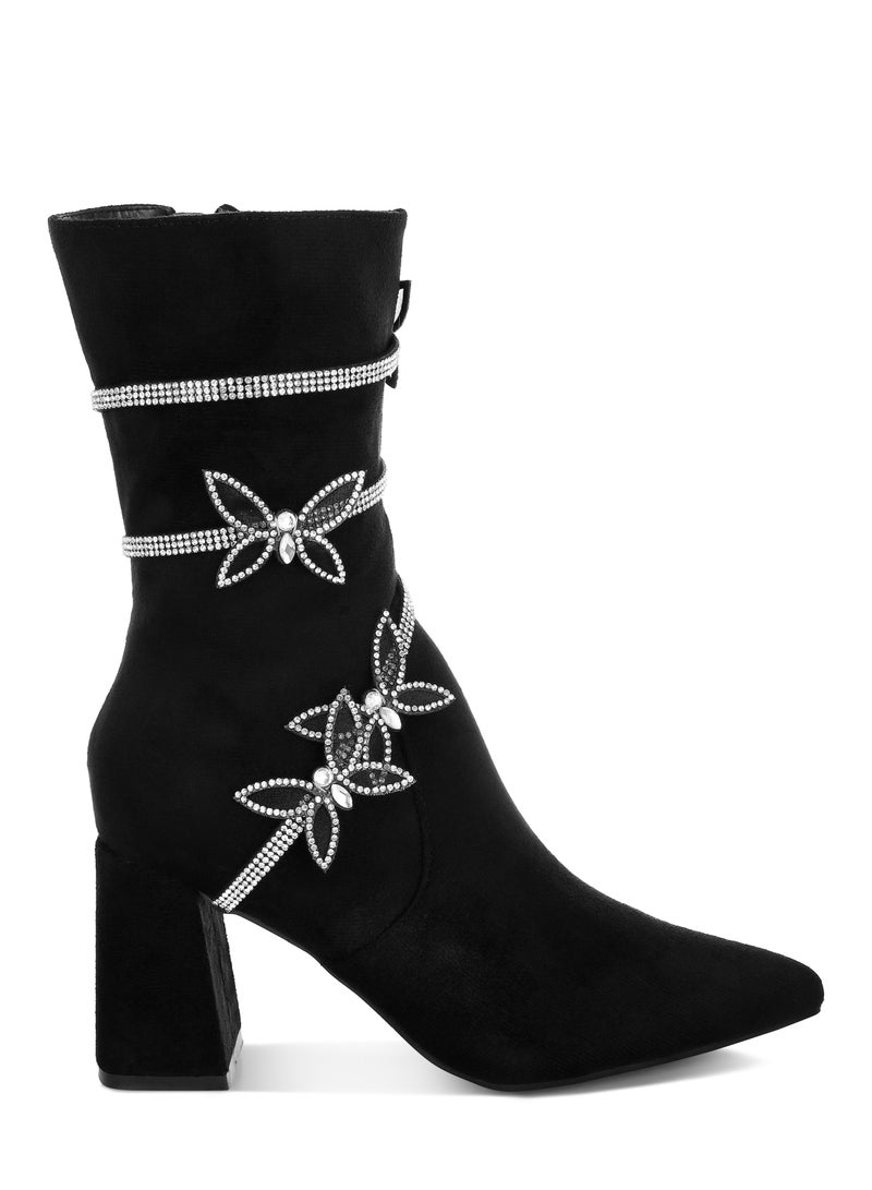 London Rag Rhinestone Brooch Wrap-Around Boots in Black  - Image 1