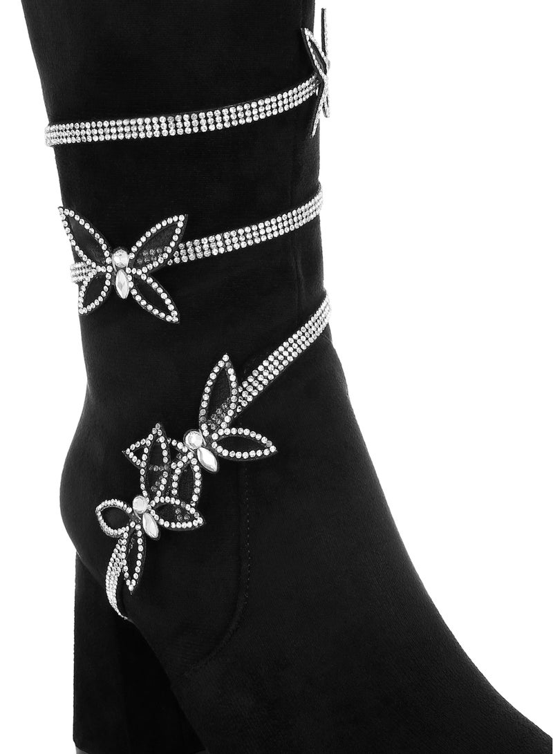 London Rag Rhinestone Brooch Wrap-Around Boots in Black  - Image 5