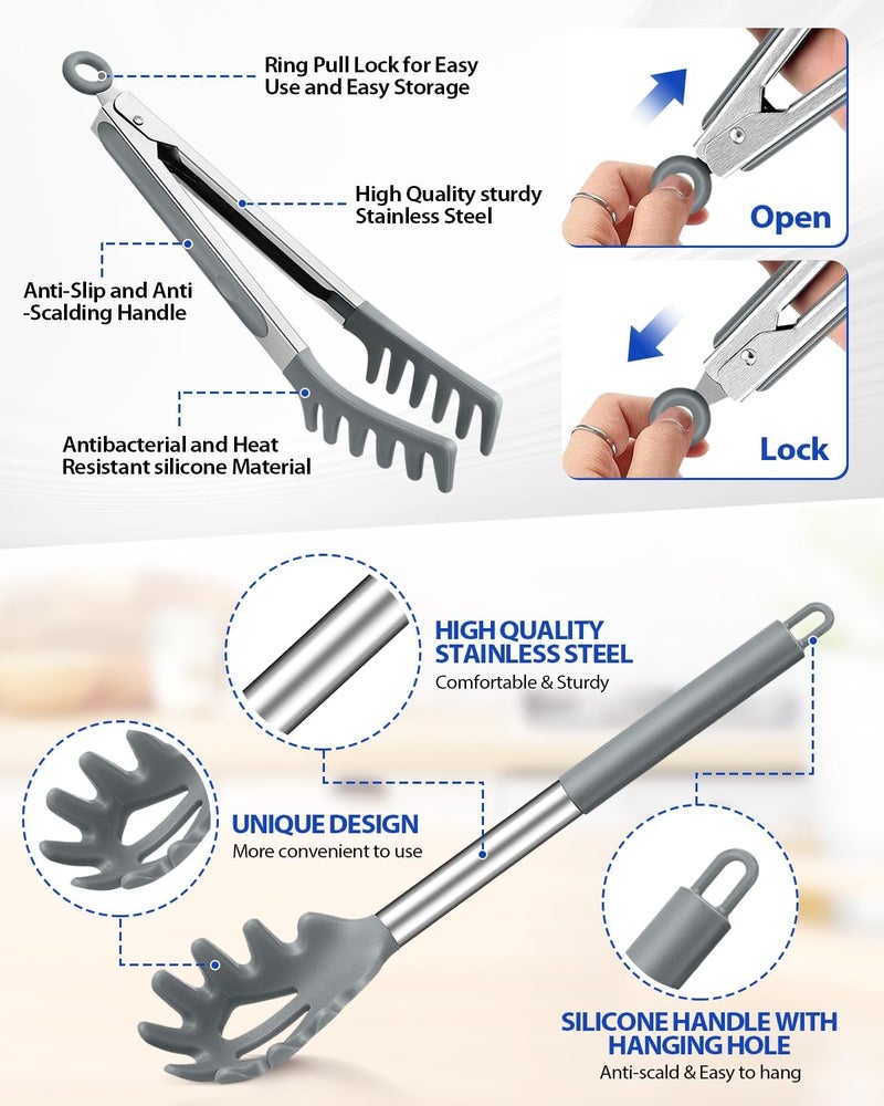 DaiRen Kitchen Spaghetti Spoon and Pasta Tong, Non-stick Silicone Spoon Server Fork With Teeth and Stainless Steel Handle, Food Clip for Noodles (Grey) - Image 3