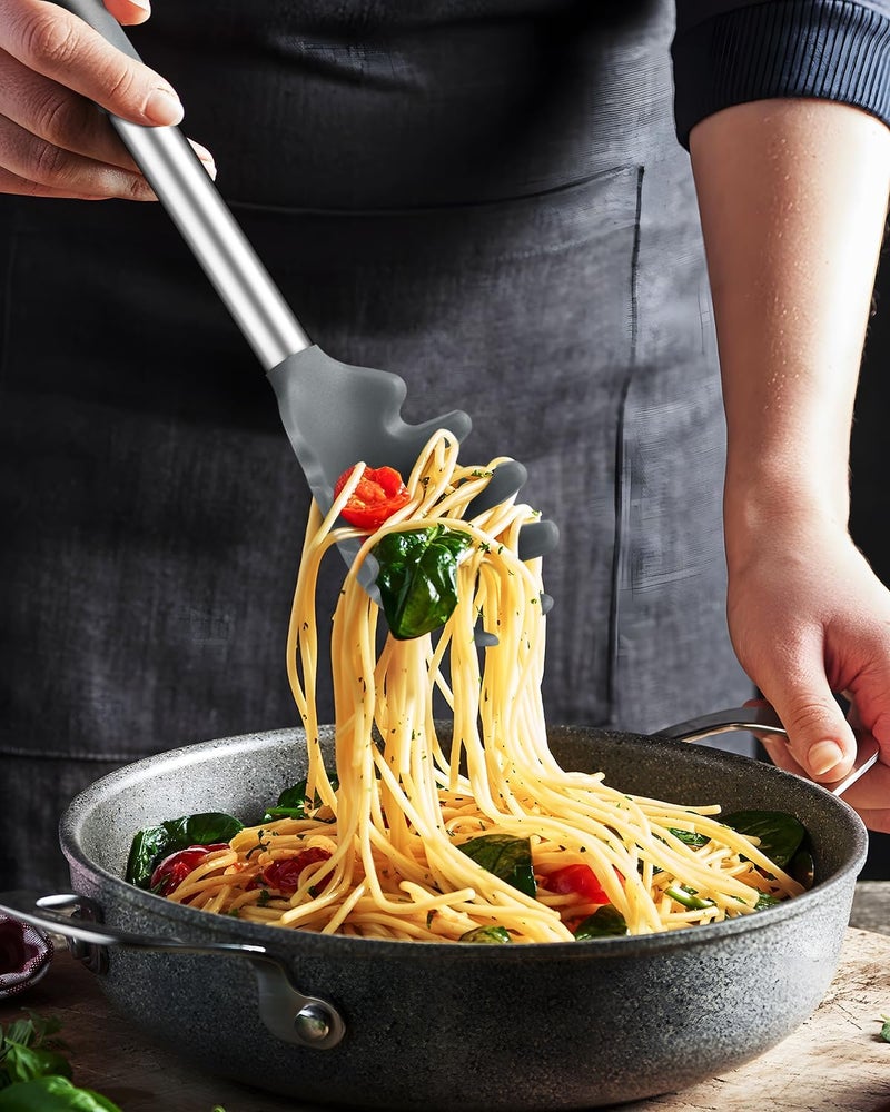 DaiRen Kitchen Spaghetti Spoon and Pasta Tong, Non-stick Silicone Spoon Server Fork With Teeth and Stainless Steel Handle, Food Clip for Noodles (Grey) - Image 5
