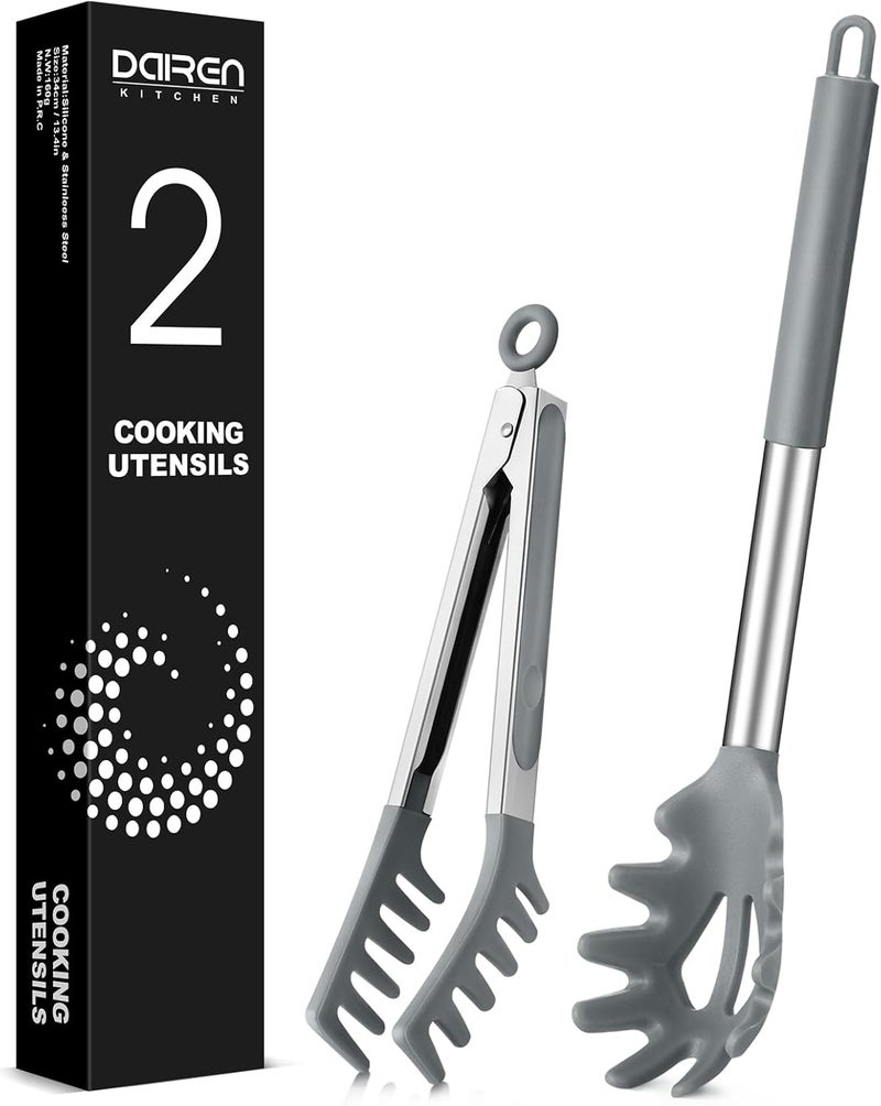 DaiRen Kitchen Spaghetti Spoon and Pasta Tong, Non-stick Silicone Spoon Server Fork With Teeth and Stainless Steel Handle, Food Clip for Noodles (Grey) - Image 1