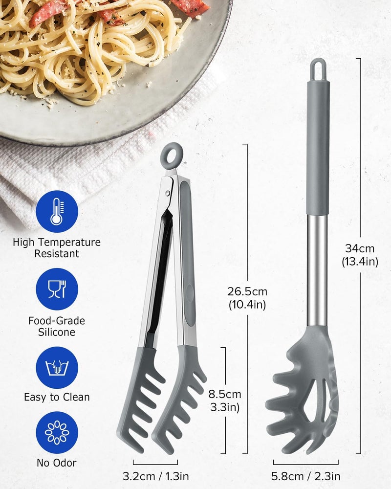 DaiRen Kitchen Spaghetti Spoon and Pasta Tong, Non-stick Silicone Spoon Server Fork With Teeth and Stainless Steel Handle, Food Clip for Noodles (Grey) - Image 2