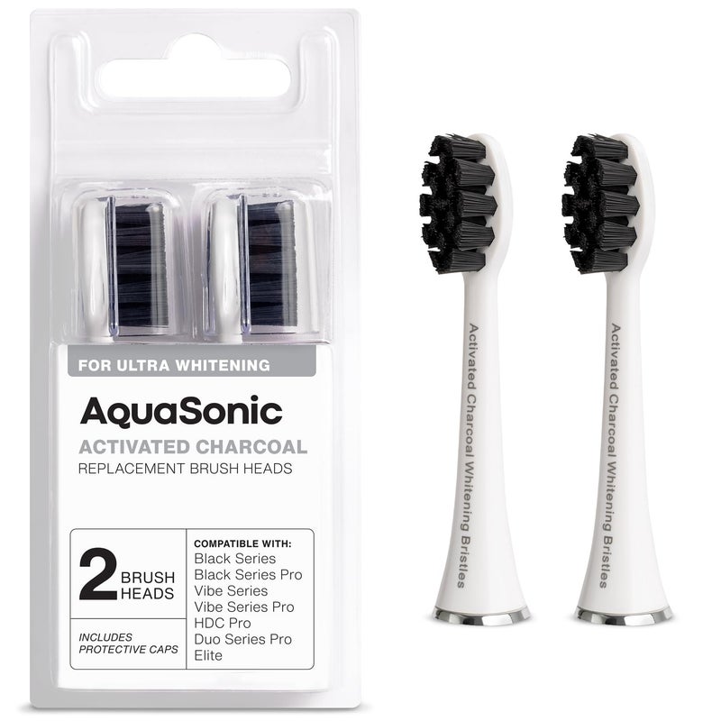 AquaSonic Genuine 2-Pack Activated Charcoal Brush Heads - Ultra Whitening Brush Heads - 2X Whitening & Stain Remover - for Black Series, Black Series Pro, Vibe Series, Duo Pro Series (White) - Image 1