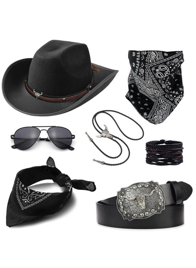 EIELO Cowboy Outfit for Men Western Cowboy Hat Leather Bolo Tie Belt Accessories Set for Halloween Cosplay Party Black - Image 1