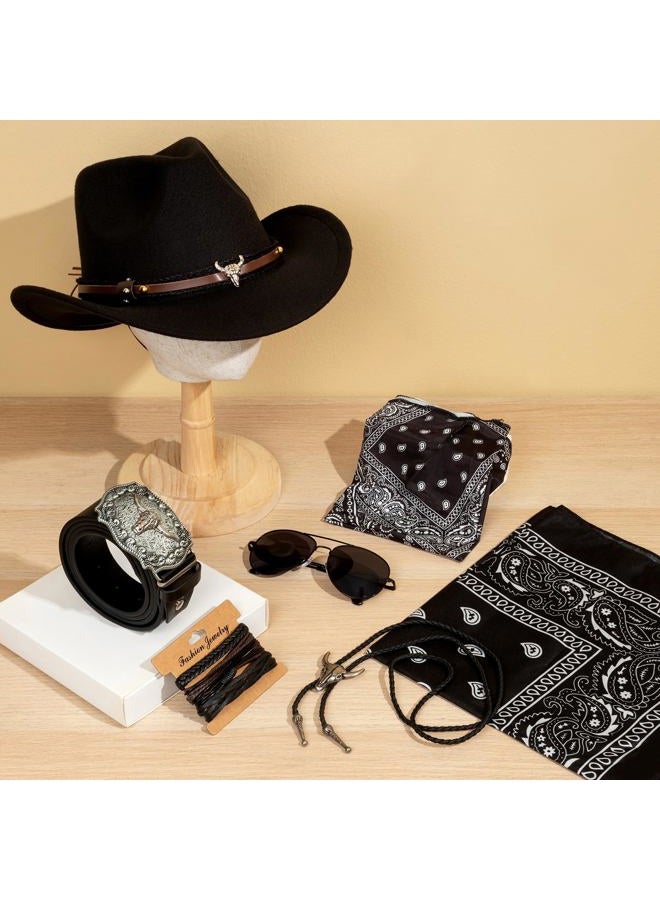 EIELO Cowboy Outfit for Men Western Cowboy Hat Leather Bolo Tie Belt Accessories Set for Halloween Cosplay Party Black - Image 3