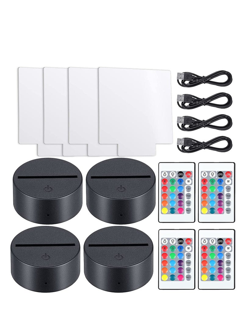 KASTWAVE 3D Night LED Light Lamp Base with 4 Pieces Clear Acrylic Sheets 4 Pieces Remote Controls and 4 Pieces Charging Cables Adjustable 16 Colors 4 Modes for Child Room Bar 4 Set (Square Style) - Image 1