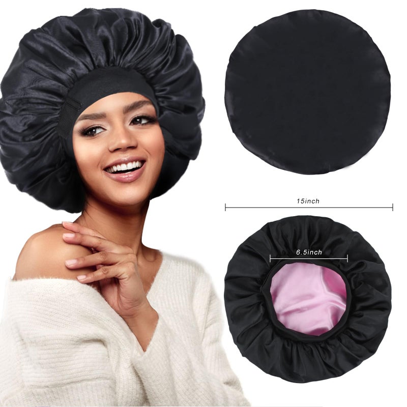 XRACEPHOL Silk Bonnet for Sleeping Double Layer Satin Bonnet Adjustable Bonnets for Black Women Sleep Cap Reversible Hair Bonnet for Curly Hair Shower Caps(Black and Pink) - Image 4