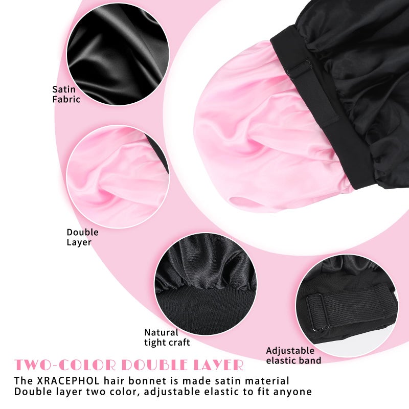 XRACEPHOL Silk Bonnet for Sleeping Double Layer Satin Bonnet Adjustable Bonnets for Black Women Sleep Cap Reversible Hair Bonnet for Curly Hair Shower Caps(Black and Pink) - Image 3