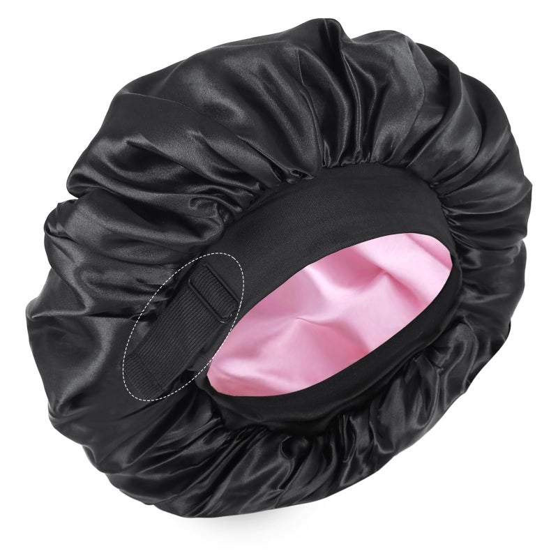 XRACEPHOL Silk Bonnet for Sleeping Double Layer Satin Bonnet Adjustable Bonnets for Black Women Sleep Cap Reversible Hair Bonnet for Curly Hair Shower Caps(Black and Pink) - Image 1