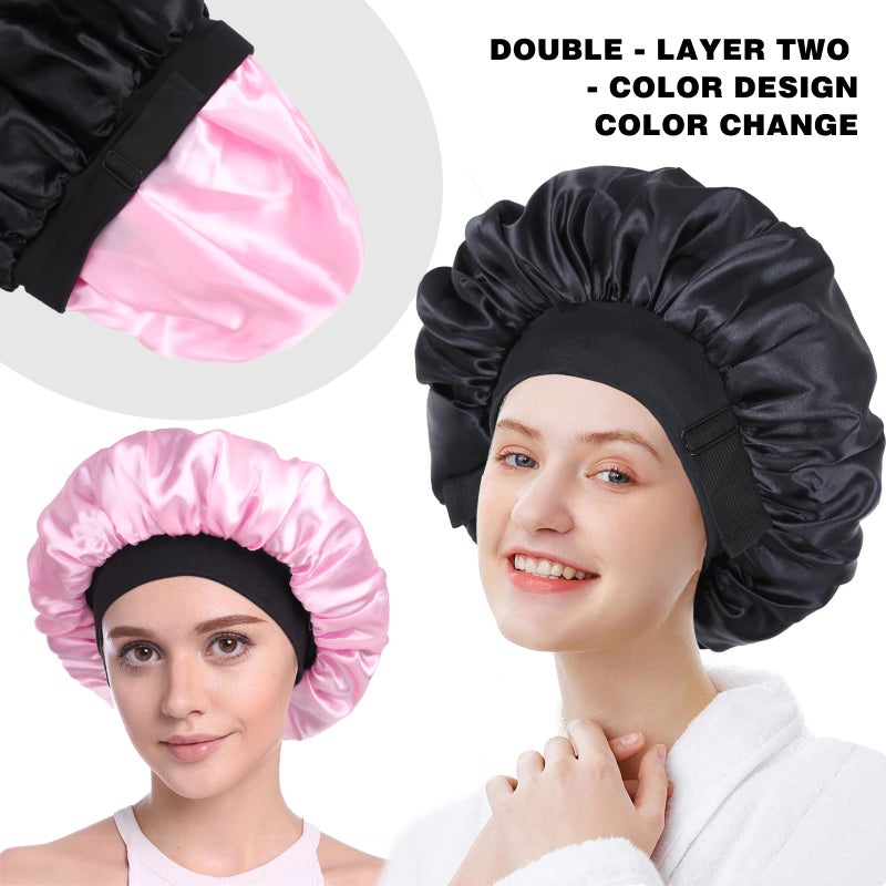 XRACEPHOL Silk Bonnet for Sleeping Double Layer Satin Bonnet Adjustable Bonnets for Black Women Sleep Cap Reversible Hair Bonnet for Curly Hair Shower Caps(Black and Pink) - Image 5