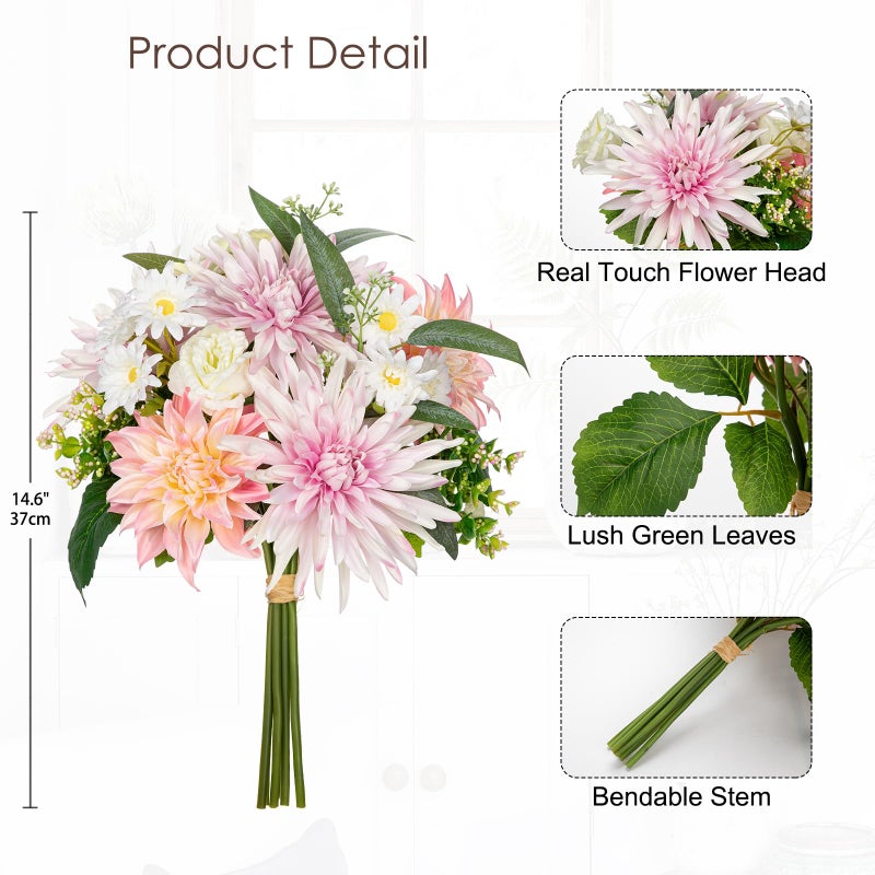 Briful Artificial Flowers Bouquet for Decoration, Silk Flowers Arrangements with Dahlia & Daisy Mums Fake Floral Stems for Home Vase Table Centerpiece Wedding Party Decor - Image 2