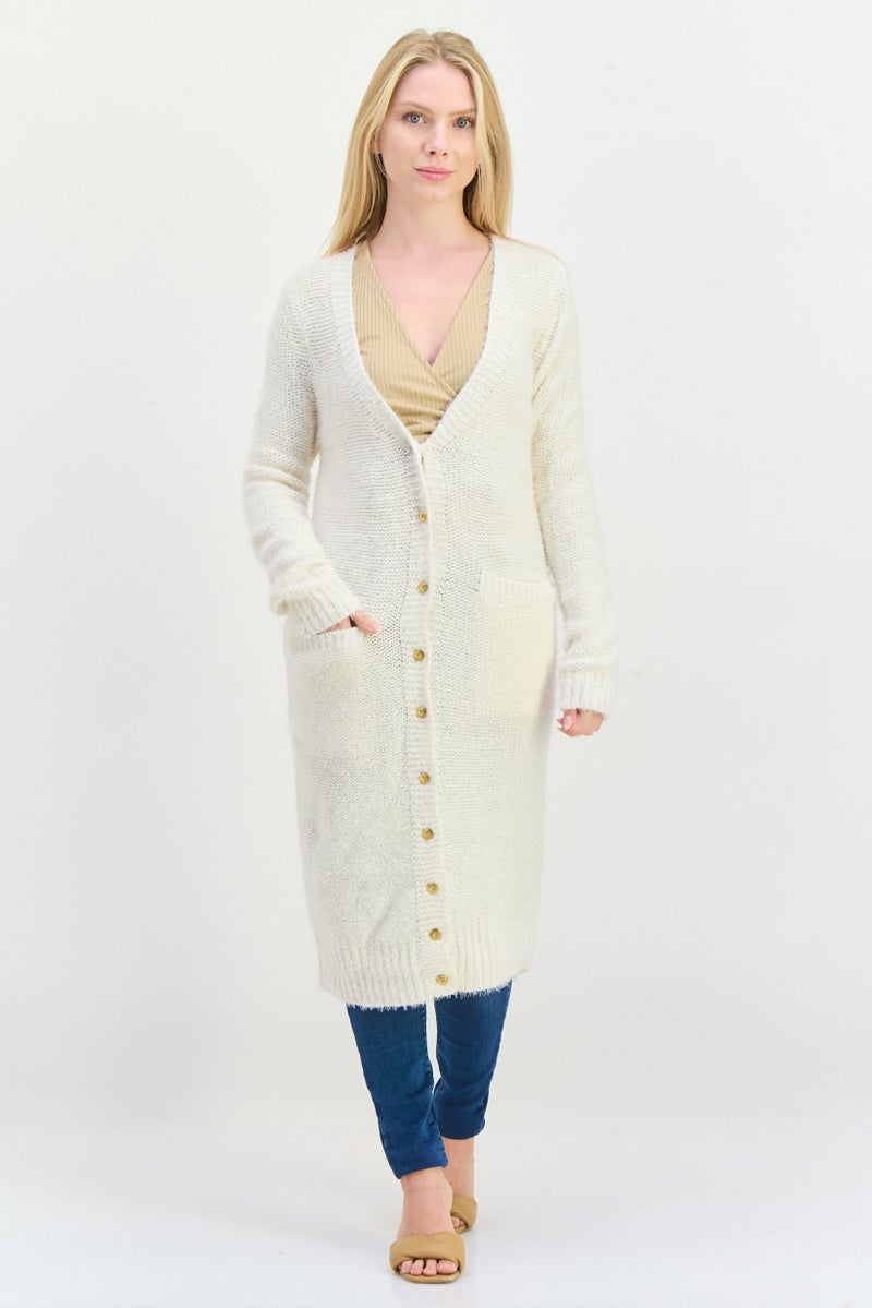 DEX Women V-Neck Long Sleeve Textured Cardigan, White - Image 1